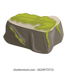 Cartoon style illustration of a grey rock covered with green moss on top