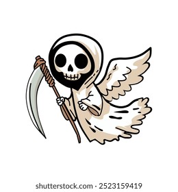 Cartoon style illustration of the Grim Reaper with a cute design having big black eyes, a skull face, and wearing a tattered white robe with angel wings and holding a scythe