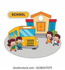 cartoon style illustration of a group of children near a school and a school bus