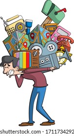 Cartoon style illustration of a guy carrying a television, movie projector, alarm clock, dial telephone, calculator, music tape, folded map, mailbox, torch and wireless radio in a bunch on his back.