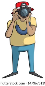 Cartoon style illustration of a guy with a red hat taking a photograph with a camera.