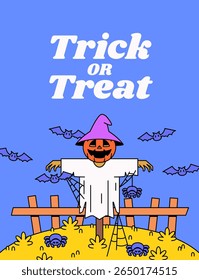 Cartoon style illustration of a Halloween scarecrow with a pumpkin head, surrounded by bats and spiders Great for spooky holiday themes, party invites, posters
