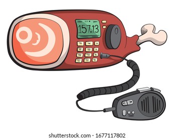 Cartoon style illustration of the ham radio concept. A ham that is also a hand radio. 