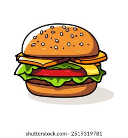 Ilustração De Estilo De Desenho Animado De Um Hambúrguer, Um Design De Ícone Plano De Vetor Em Um Simples, Minimalista