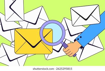 Cartoon style illustration of a hand holding a magnifying glass over a stack of mail envelopes, highlighting a yellow envelope for email search, spam filtering, communication illustration