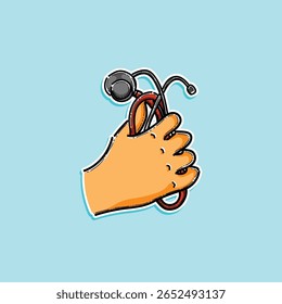 Ilustração em estilo de desenho animado de uma mão segurando um estetoscópio, simbolizando cuidados de saúde, diagnóstico e serviços médicos, colocado contra um fundo azul para ênfase e apelo.