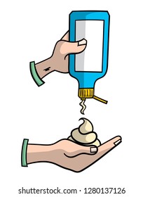 Cartoon style illustration of hand squeezing cream from a bottle into another hand