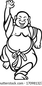 Cartoon style illustration of a happy Buddha dancing on isolated white background done in black and white.