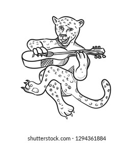 Cartoon style illustration of a happy leopard playing an acoustic guitar while sitting down done in black and white on isolated white background.