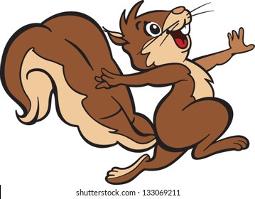 Cartoon style illustration of happy squirrel, dancing, and looking forward to meet new friends from the woods.