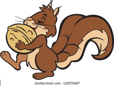 Cartoon style illustration of happy squirrel, who has find big walnut, and he is going home to share food with his friends from the woods.