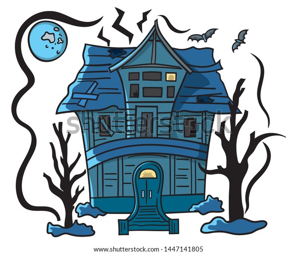 月明かりの中に飛ぶコウモリと不気味な影と枯れた木を持つ お化け屋敷の漫画的なイラスト のベクター画像素材 ロイヤリティフリー