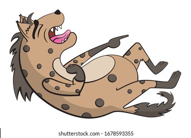 Cartoon style illustration of a hyena with spots rolling on the floor laughing and pointing at something. Brown spotted hyena laughing out loud.