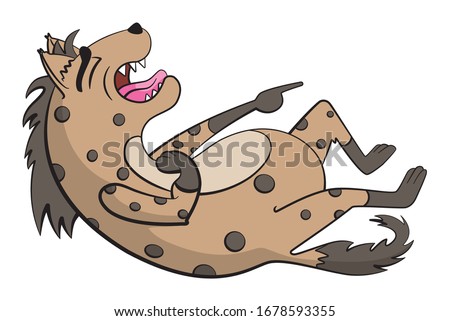 Cartoon style illustration of a hyena with spots rolling on the floor laughing and pointing at something. Brown spotted hyena laughing out loud.