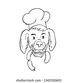 Cartoon style illustration of an Irish Setter dog wearing chef, baker or cook hat biting a sausage string viewed from front on isolated background in black and white.