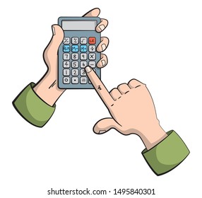 Cartoon style illustration of isolated hands holding and working on a calculator.