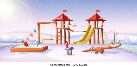 Cartoon style illustration. Kids outdoor playground in the winter with snow.