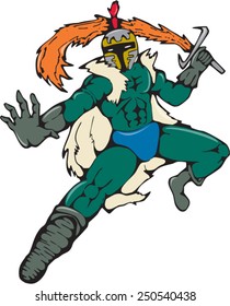 Cartoon style illustration of a knight with cape wielding a fiery sword viewed from front on isolated background.