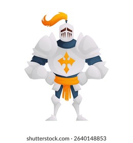 Cartoon style illustration of a knight in shining white armor, complete with an orange crest on his helmet and an orange sash around his waist isolated on white.