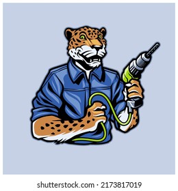 Cartoon style illustration of Leopard contractor worker holding cord drill