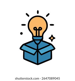 Cartoon style illustration of a lightbulb with radiating lines above an open blue box, accompanied by a sparkle and a small dot.