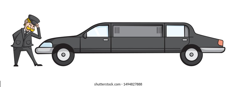 Cartoon style illustration of a limousine with the driver standing next to it, tipping his hat politely.