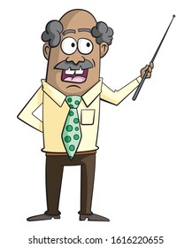 Cartoon Style Illustration Of A Male Person With A Moustache And A Green Polkadot Tie, Pointing With A Pointer While Talking.