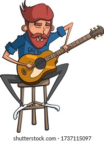 Cartoon style illustration of a man with a beard sitting on a stool playing an acoustic guitar.