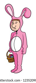 Cartoon style illustration of a man dressed in an Easter Bunny costume