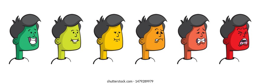 Cartoon style illustration of a man on a pain scale indicator chart. The pain/emotion spectrum in cartoon form.