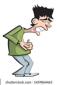 Cartoon style illustration of a man pulling his face and holding his belly because of a stomach cramp he is having.