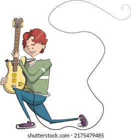 Cartoon style illustration of a man with red hair playing an electric guitar. A cartoon guitarist character.