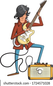 Cartoon style illustration of a man wearing a jacket, playing a yellow electric guitar standing with one foot on the amplifier.