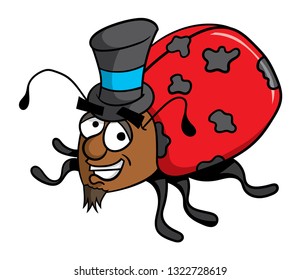 Cartoon style illustration of a manly ladybug with a top hat on his head