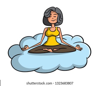 Cartoon style illustration of a mature woman sitting on a cloud, peacefully meditating.