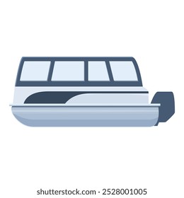 Cartoon style illustration of a modern motor boat with cabin floating on water surface, side view isolated on white background