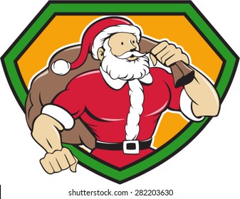Cartoon style illustration of a muscular super santa claus saint nicholas father christmas  carrying sack over shoulder looking to the side set inside shield crest on isolated background. 