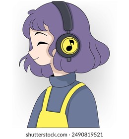 A cartoon style illustration of a music enthusiast enjoying their favorite tunes. The character has purple hair