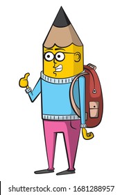 Cartoon style illustration of a nerdy, pencil, student character with a blue sweater and pink pants holding a thumbs up and carrying a backpack.