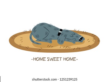 Cartoon style illustration of a nice dog sleeping peacefully on a carpet.