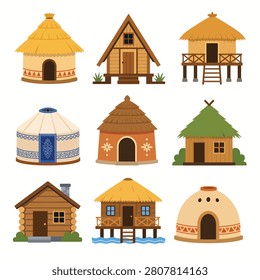 Cartoon style illustration of nine different houses and buildings in bright colors