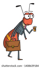 Cartoon style illustration of an office worker ant walking to work holding his coffee and briefcase.