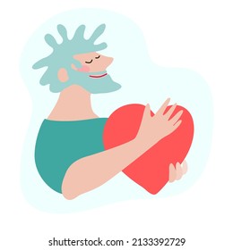 Cartoon style illustration of a old man hugging her chest to support her mental or heart health