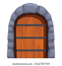 Ilustração estilo desenho animado de uma porta de madeira velha com arco de pedra que leva a um lugar secreto