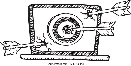 Cartoon style illustration of one arrow inside gold ring, two missed the target. Hand drawn doodle vector illustration.
