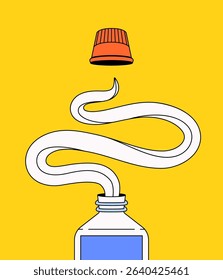 Cartoon style illustration of an open bottle toothpaste with a dynamic white swirl emerging upward, against a vibrant yellow background