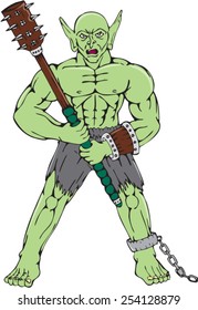 Cartoon style illustration of an orc warrior wielding a club and shield viewed from front on isolated white background.