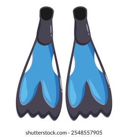 Cartoon style illustration of a pair of blue diving flippers, essential equipment for scuba diving and snorkeling