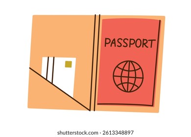 Cartoon style illustration of passport in cute cover with bank card. Travel essentials for women, summer holidays, vacation planning mood, document holder doodle icon, isolated colored clipart