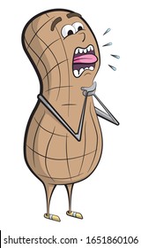 Cartoon style illustration of a peanut character grabbing its throat because it is choking or having an allergic reaction.